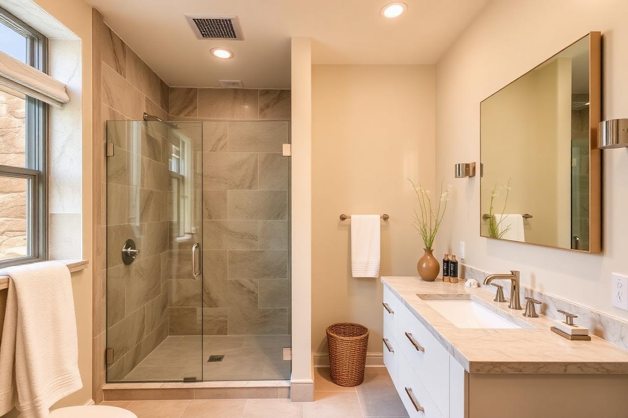 Phoenix bathroom renovation with walk-in tile shower and floating vanity by a licensed remodeling contractor