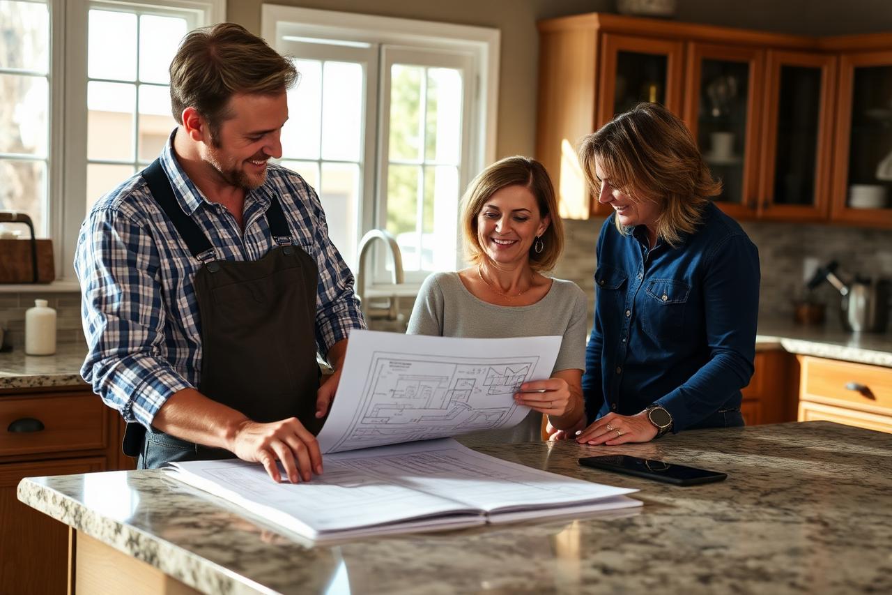 Licensed Phoenix remodeling contractor reviewing a remodel estimate and tile samples with homeowners