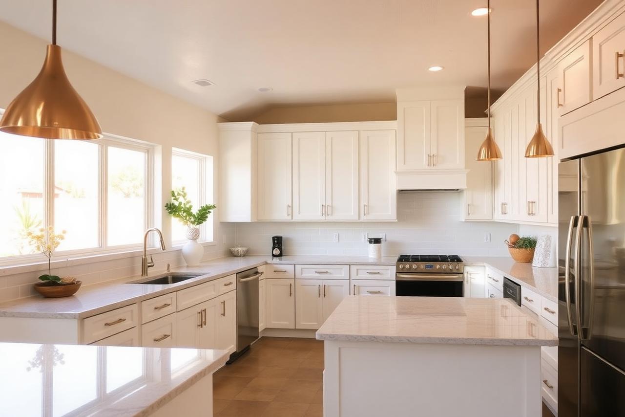 Completed Phoenix kitchen remodel by the best remodeling contractor in Phoenix with white cabinets and quartz island